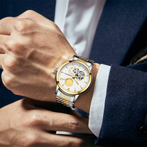 Golden Kylin Series-Men's Luxury Mechanical Watch White Gold Dial Stainless Steel Band Business Style