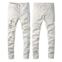Vêtements pour hommes Jeans diamant blanc High Street pour hommes et femmes, pantalon skinny droit déchiré et rayé de style américain à la mode