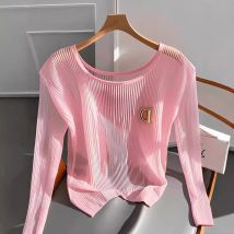 T-shirt slim rouge pour femme, léger, respirant, chic, tricoté, manches longues