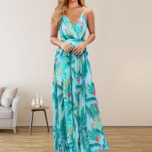 Robe longue en mousseline de soie à imprimé floral bohème pour femme - Robe d'été à bretelles taille moyenne pour femme, élégante et stylée, tenue décontractée/bohème chic