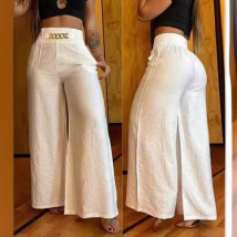 Pantalon taille haute à jambes larges de couleur unie pour femmes, pantalon ample et amincissant à fond cloche en métal