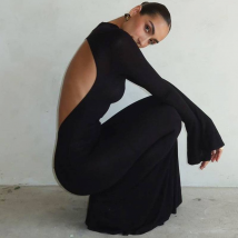 Classic Solid Backless Maxi Dress Women Elegant O-neck Evening Long Sleeve Dresses Robe Slim Female High Street Bodycon Dress