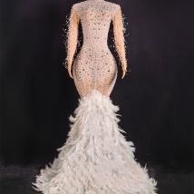 Vêtements pour femmes Sexy Mesh Hot Diamond Perspective One Piece Feather Longue Robe de soirée Costume de performance sur scène Ym