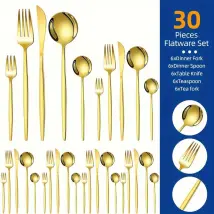 Ensemble de couverts élégants en acier inoxydable doré 30 pièces - Comprend des couteaux, des fourchettes, des cuillères et des cuillères à dessert