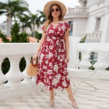 Robe rouge femme grande taille ceinturée col V