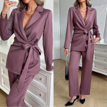 Ensemble peignoir en satin de couleur unie pour femme, automne et hiver
