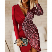 Robe portefeuille à paillettes pour femmes, manches longues, hanche, robe de soirée, de bal