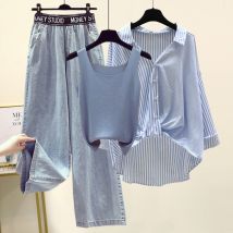 Vêtements pour femmes Costumes de printemps Chemise à rayures épaisses Bretelles Jeans à jambe large Costume trois pièces