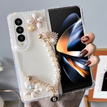 pour Samsung Galaxy Z Fold 4 3 2 Coque pour Femme Luxe Fait Main Scintillant Perle Sangle Chaîne Diamant Bling Glitter Cover Z Fold 5 6