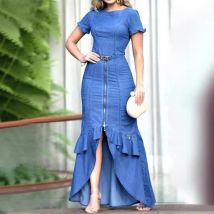 Robe moulante longue en jean à manches courtes et col bateau pour femme