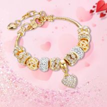 Bracelet en perles de tonneau en zircon avec flocon de neige en or et amour de diamant diffusé en direct en famille