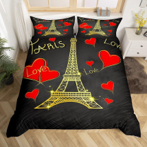 Girls Eiffel Tower Comforter Cover Chic Paris Theme Bedding Set Cute Red Heart Duvet Cover For Kids Women Luxury Golden Black French Style Bedspread