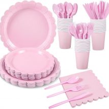 Ensemble de vaisselle de fête en dentelle rose pour anniversaire de fille, décoration de couleur unie, gobelets en papier jetables, assiettes en papier, serviettes en papier