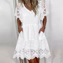 Robe décontractée fluide à manches courtes et col en V pour femme avec bordure en dentelle
