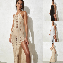 Robe de plage à bretelles pour femmes, couleur unie, sans manches, tricotée, ajourée, maillot de bain, vacances, robe de plage