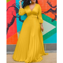 Vêtements pour femmes jaune taille haute mince couleur unie tempérament rétro mousseline de soie à manches longues robe longue (avec ceinture)