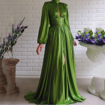 Women's Clothing Spring And Summer Color Waist Halterneck Wide Swing Sexy Avocado Green Dress Solid Color Long Skirt