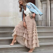 Jupe en maille à volants multicouches solide pour femmes Boho taille haute longue jupe en tulle Maxi printemps été fête vêtements pour femmes