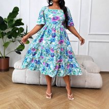 Robe imprimée à col carré, grande taille, longueur aux genoux, nouvelle collection pour femmes