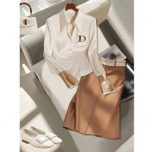 Elegant Women's Blouse With Monogram, Long Sleeves With Metallic Accents And Zipper Details Office Wear For Work And Formal Occasions