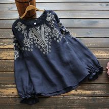 [Coton et lin] T-shirt ample à col rond brodé pour femme, grande taille, en coton et lin