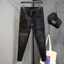 Men's Clothing station hot diamond jeans men's elastic slim fitting pants autumn embroidered pants printed men's pants