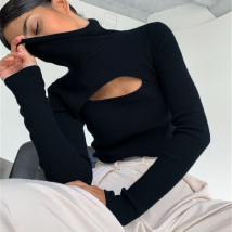 Women's Clothing Women's chest hollow long sleeve knit hoodie single top
