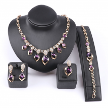 Gold Color Purple Zircon Austrian Crystal Women Wedding Necklace Bracelet Earring Ring Jewelry Set