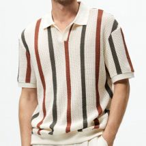 [Le cadeau parfait] Polo d'été décontracté en laine à rayures contrastées pour homme, tricoté à grosses aiguilles creuses