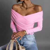 T-shirt sexy à manches longues et col en V pour femme