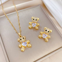 Heart Crystal Teddy Bear Necklace Earrings Sets Stainless Steel Bijoux Femme Zircon Luxury Designer Jewelry Gifts For Women Girl