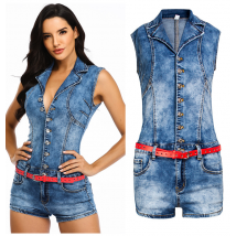 Barboteuse en denim à simple boutonnage pour femmes, short amincissant à taille sexy