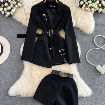 Veste de costume taille mi-longue pour femmes, ensemble deux pièces, taille haute, short amincissant à jambes larges
