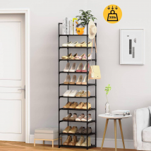 Home Furniture Single Row 10 Layer Shoe Rack Storage Rack Black Metal Stackable Shoe Cabinet With Hooks