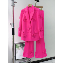 Women's Clothing  pink suits and pants, celebrity style two-piece suitSuit collar long sleeve coat micro cropped pants -dimensional flower suit
