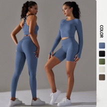 Vêtements pour femmes, tricot sans couture, couleur unie, manches longues, pantalon trois-quarts, tenue de sport, course, fitness, yoga, ensemble deux pièces pour femmes