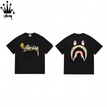 Stussy&Ape Collaboration Front Logo, Back Shark Print, Pure Cotton Short Sleeved T-shirt, Unisex