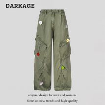 Men's Clothing Retro Petal Embroidery Creative Letter Washed Workwear Jeans Men And Women Loose Lazy Wide Leg Pants Trend