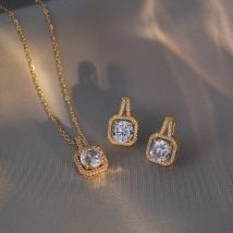 Elegant Square Titanium Steel Inlay Zircon Earrings Necklace
