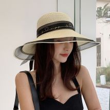 Femmes chapeau de paille transparent nœud papillon décor maille Patchwork pansement grand bord Anti-UV Protection solaire élégant vacances d'été dame chapeau d'été chapeaux