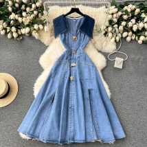 Robe d'été sans manches pour femme, coupe ajustée, longue, style rétro, en jean
