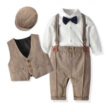 XUANMU Costume de cérémonie pour nouveau-né garçon, tenue de fête, d'anniversaire, de mariage, combinaison + gilet + béret + nœud papillon + bretelles 0-3 ans Z0132