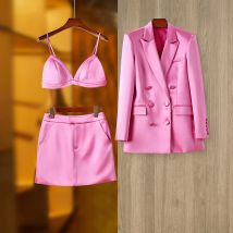 Women's Clothing Spring And Autumn Party Pink Satin Suit Jacket Hip Skirt Wear Fashionable Three Piece Suit