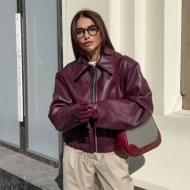 Women's Clothing Retro motorcycle style wine red leather jacket for women 2024 autumn handsome matte leather jacket coat