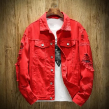 Denim Jacket Turn-down Collar Ripped Holes Outwear Red White Pink Black Jean Jackets Autumn Winter Plus Size 4XL