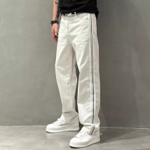 Pantalon fin à jambes larges pour hommes, pantalon droit décontracté à coutures rayées, à la mode, ample, blanc