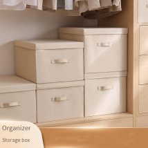 Fabric Storage Bins With Lids - Set Of 3 Decorative Closet Organizers For Clothes Foldable Shelf Baskets Beige​​