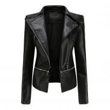 Women's leather jacket Long sleeve PU short jacket with hem removable jacket biker jacket