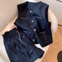 Retro Navy Blue Linen Slim Vest Suit Men And Women Summer European Fashion Casual Vest Shorts Two Piece Suit