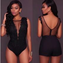 Vêtements pour femmes Sexy Dentelle Épissage Sexy Body Transparent Deep V Body Robe de Plage